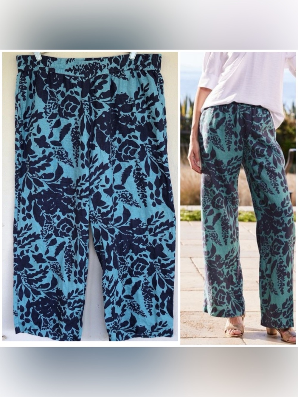 Soft Surroundings Linen Pants XL Floral Wide Leg Blue Floral Tropical Resort